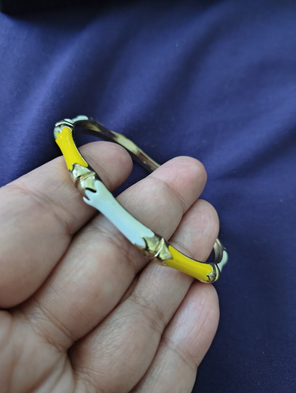 Vintage Yellow And White Enamel Bamboo Gold Tone Bangle Bracelet. Estate Find